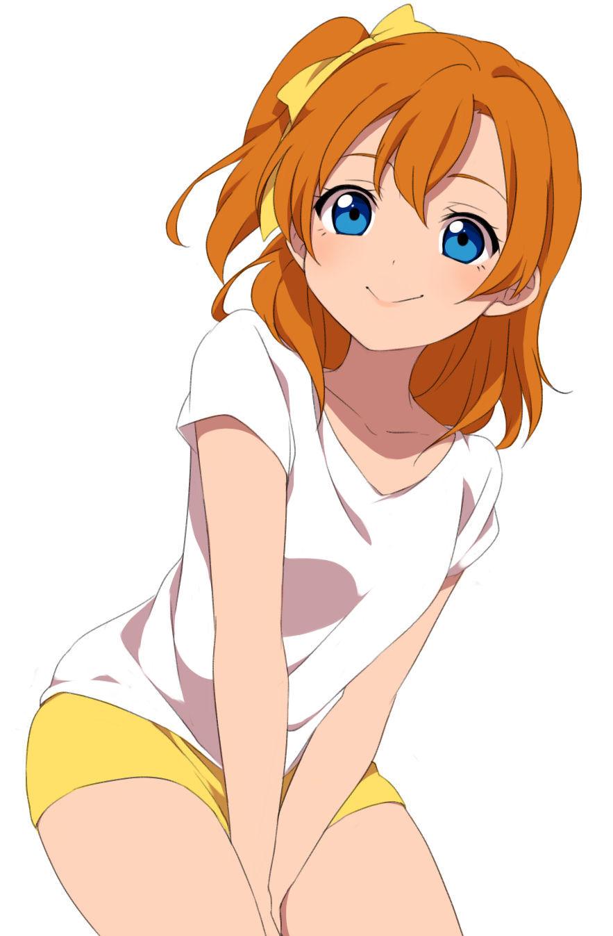 1girl between_legs blue_eyes bow closed_mouth cowboy_shot hair_bow hand_between_legs highres kousaka_honoka looking_at_viewer love_live! love_live!_school_idol_project one_side_up orange_eyes sekina shirt short_sleeves shorts simple_background smile solo white_background white_shirt yellow_bow yellow_shorts