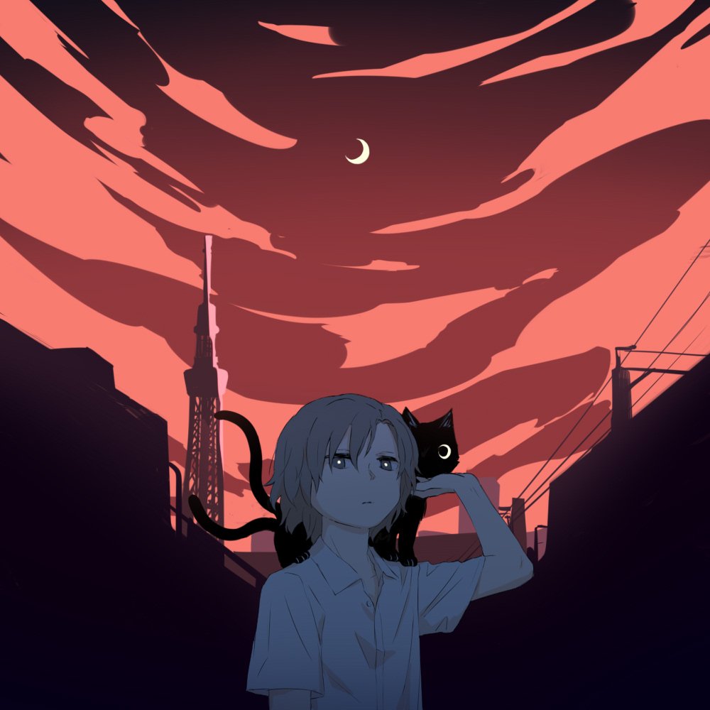 1boy animal_on_shoulder avogado6 black_cat bright_pupils cat cat_on_shoulder closed_mouth crescent_moon grey_hair hand_up looking_at_viewer moon negative_space nekomata night original outdoors red_sky shirt short_sleeves sky solo tokyo_tower upper_body white_pupils white_shirt wing_collar