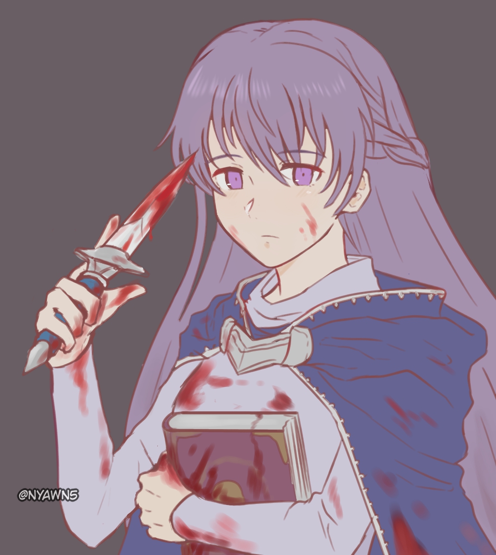 1girl blood blood_on_face bloody_knife bloody_weapon blue_dress book cape cloak closed_mouth commission commissioner_upload dress expressionless fire_emblem fire_emblem:_the_binding_blade holding holding_book holding_knife holding_weapon knife long_hair long_sleeves nyawn5 purple_hair simple_background sophia_(fire_emblem) very_long_hair violet_eyes weapon