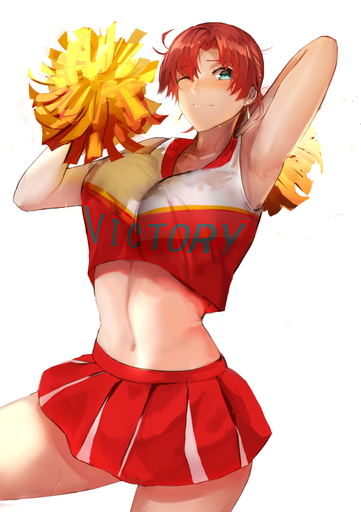 1girl aqua_eyes bangs bare_shoulders blush boudica_(fate/grand_order) breasts cheerleader collarbone crop_top crop_top_overhang earrings fate/grand_order fate_(series) holding holding_pom_poms jewelry jikihatiman large_breasts looking_at_viewer midriff navel one_eye_closed pom_poms red_shirt red_skirt redhead shirt short_hair short_ponytail simple_background skirt smile thighs white_background