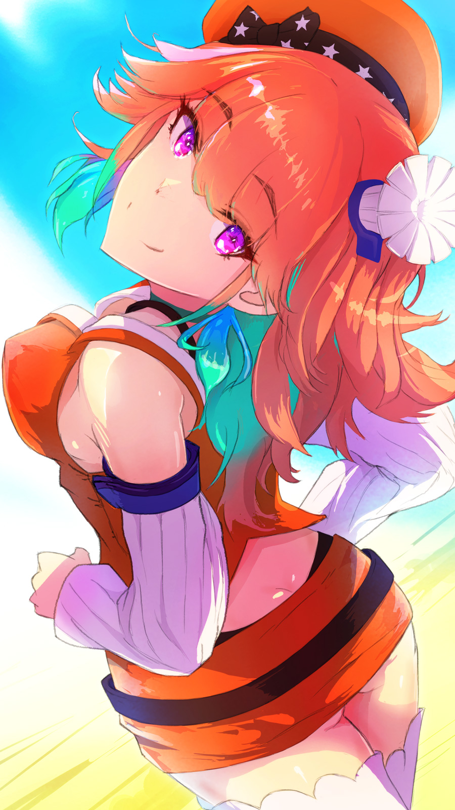 1girl beret blue_hair chef_hat clouds detached_sleeves eyes_visible_through_hair from_behind hat highres hololive hololive_english looking_back lrig miniskirt multicolored_hair orange_hair skirt sky solo takanashi_kiara thigh-highs two-tone_hair violet_eyes virtual_youtuber zettai_ryouiki
