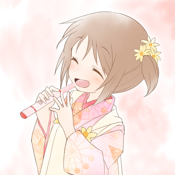 1girl :d bangs blush brown_hair closed_eyes commentary_request dairi eyebrows_visible_through_hair flower hair_flower hair_ornament holding japanese_clothes kimono long_sleeves open_mouth original pink_kimono print_kimono short_hair side_ponytail smile solo upper_body wide_sleeves yellow_flower