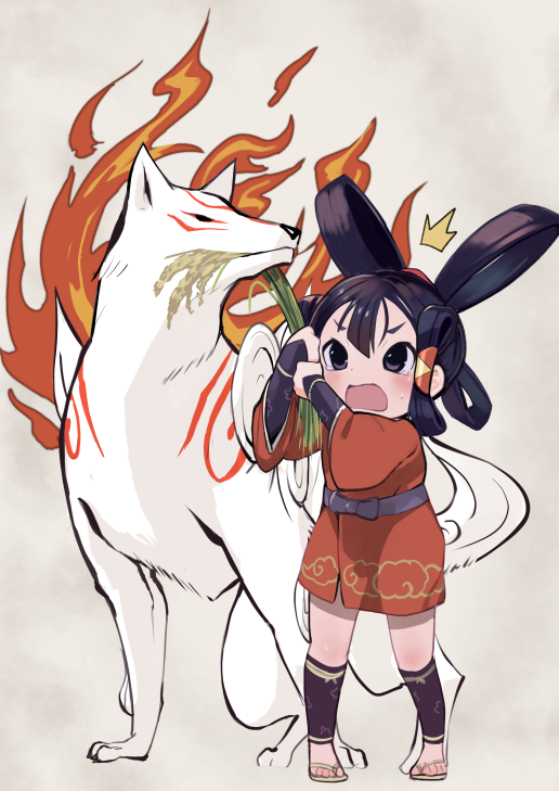 2girls amaterasu biting crossover fire fox multiple_girls ookami_(game) p_answer rice sakuna-hime sandals simple_background tensui_no_sakuna-hime