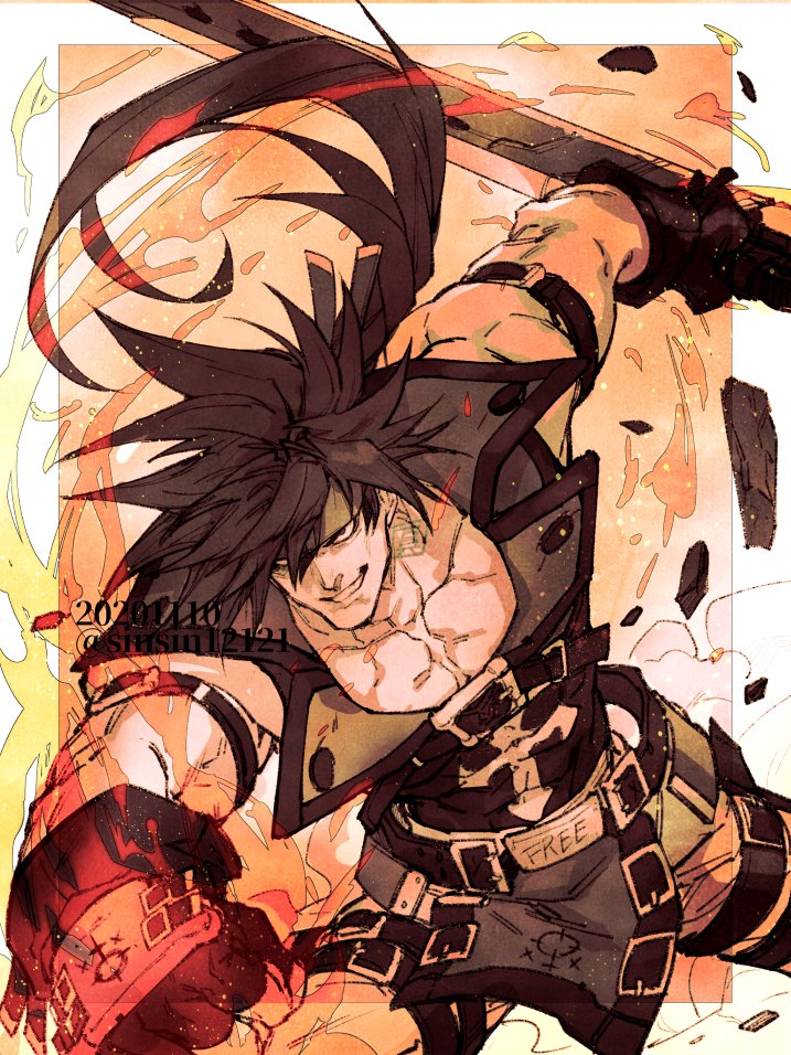 1boy arm_strap bare_chest bare_shoulders belt black_gloves brown_eyes brown_hair collarbone covered_navel crack cross dated english_text fingerless_gloves fire gloves guilty_gear holding holding_sword holding_weapon long_hair male_focus muscle parted_lips ponytail red_theme rock shin_(sinsin12121) signature smile smoke sol_badguy solo sword thigh_strap twitter_username watermark weapon