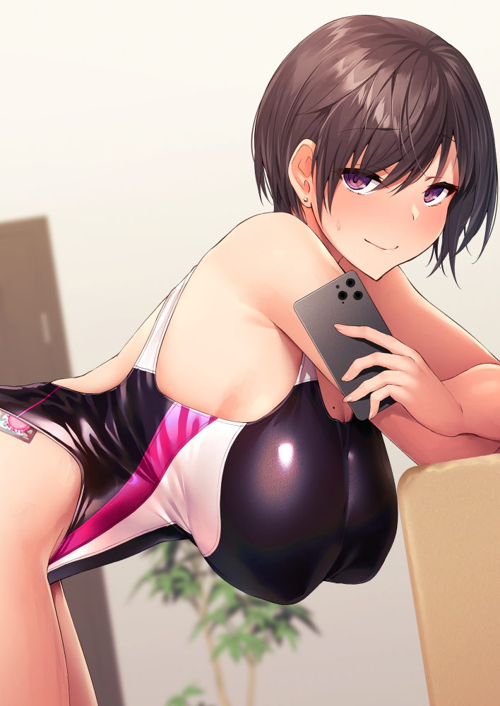 1girl breasts brown_hair cellphone closed_mouth commentary_request competition_swimsuit earrings eyebrows_visible_through_hair hanging_breasts holding holding_phone indoors jewelry large_breasts looking_at_viewer one-piece_swimsuit original phone satou_kuuki short_hair smile solo swimsuit violet_eyes