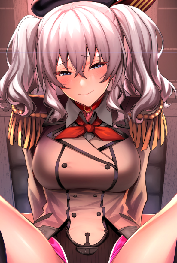 1girl bangs black_legwear black_swimsuit competition_swimsuit epaulettes eyebrows_visible_through_hair grey_eyes hair_between_eyes jacket kantai_collection kashima_(kantai_collection) kerchief kneehighs long_sleeves military_jacket one-piece_swimsuit red_neckwear sidelocks silver_hair sitting smile solo spread_legs swimsuit swimsuit_under_clothes tsurime twintails ulrich_(tagaragakuin) wavy_hair white_jacket