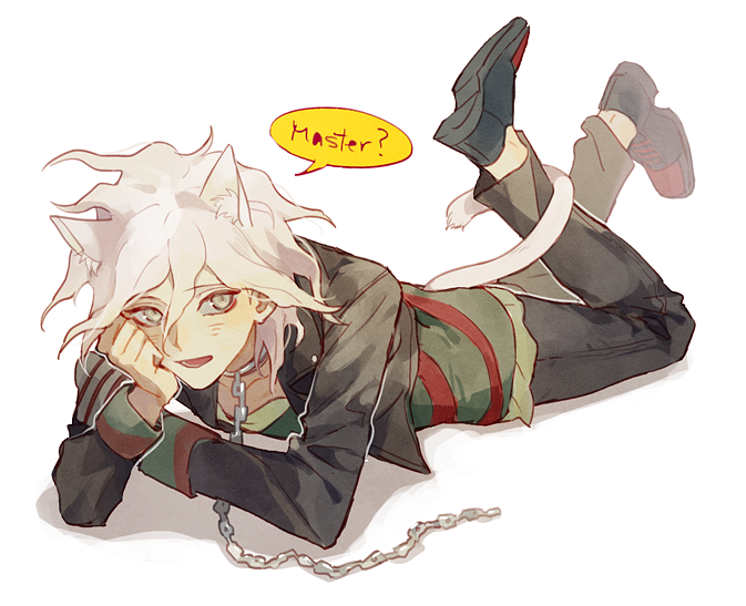 1boy animal_ears bangs black_footwear black_jacket black_pants cat_ears cat_tail chain cheek_rest collar collarbone commentary_request cropped_jacket dangan_ronpa dangan_ronpa_3 feet_up green_shirt hair_between_eyes io_(sinking=carousel) jacket kemonomimi_mode komaeda_nagito long_sleeves looking_at_viewer lying male_focus metal_collar on_stomach open_mouth pants red_shirt shirt shoes simple_background solo speech_bubble striped striped_shirt tail two-tone_shirt whisker_markings white_background