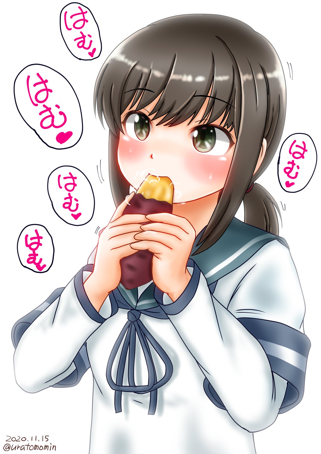 1girl arm_warmers black_hair blue_sailor_collar brown_eyes commentary_request eating food fubuki_(kantai_collection) highres kantai_collection long_hair low_ponytail ponytail sailor_collar school_uniform serafuku short_ponytail sidelocks simple_background solo sweet_potato upper_body uratomomin white_background