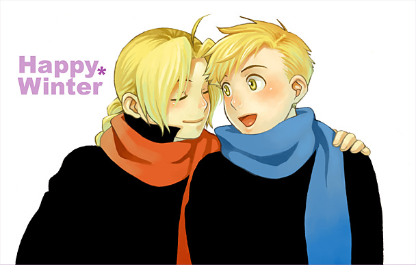 2boys alphonse_elric alternate_costume arms_at_sides black_shirt blonde_hair blue_neckwear blue_scarf blush braid brothers close-up closed_eyes closed_mouth edward_elric english_text facing_away fingernails fullmetal_alchemist hand_on_another's_shoulder happy high_collar leaning leaning_on_person light_smile long_sleeves looking_at_another looking_to_the_side m_(taika01_p) male_focus multiple_boys open_mouth red_neckwear red_scarf scarf shaded_face shiny shiny_skin shirt siblings side-by-side simple_background smile tareme tongue upper_body white_background winter_clothes yellow_eyes