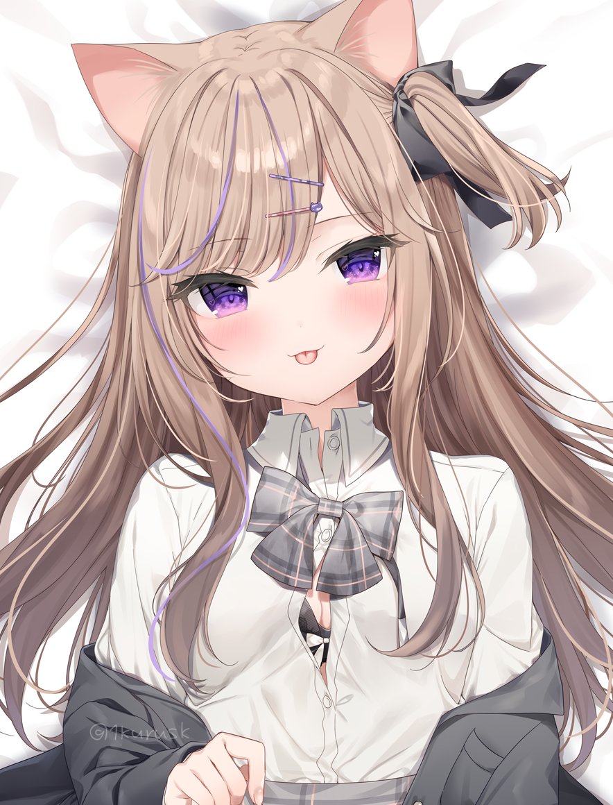 1girl :p animal_ear_fluff animal_ears bangs bed_sheet black_bow black_bra black_jacket blush bow bow_bra bra breasts brown_hair cat_ears cat_hair_ornament closed_mouth collared_shirt commentary_request dress_shirt eyebrows_visible_through_hair grey_bow hair_between_eyes hair_bow hair_ornament hairclip jacket leo_(mafuyu) long_hair looking_at_viewer lying mafuyu_(chibi21) off_shoulder on_back one_side_up open_clothes open_jacket original plaid plaid_bow purple_hair shirt small_breasts smile solo tongue tongue_out twitter_username underwear upper_body very_long_hair violet_eyes white_shirt