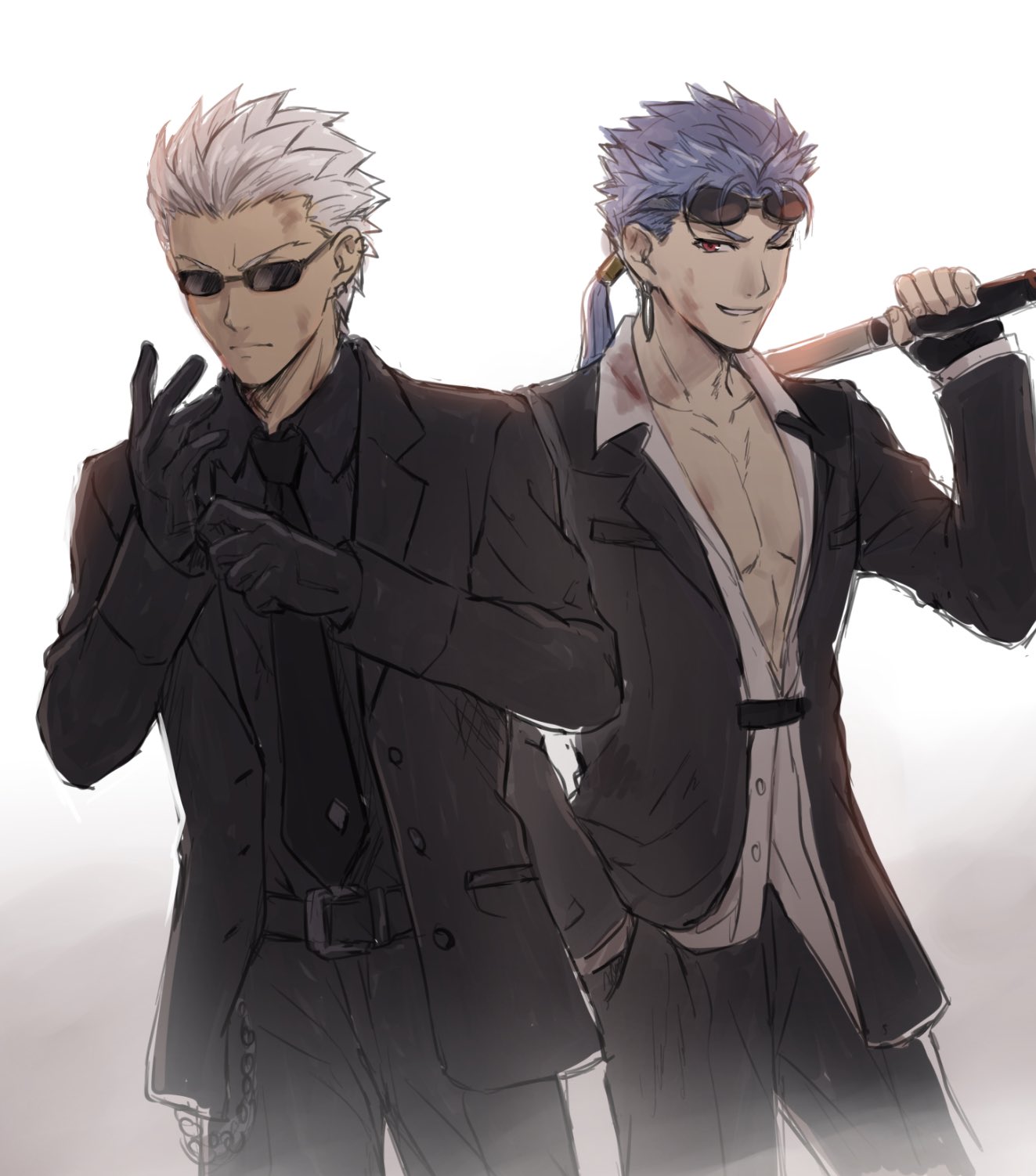 2boys archer bangs black_gloves black_jacket black_neckwear black_pants black_shirt blue_hair chest collarbone collared_shirt commentary_request cosplay cowboy_shot cu_chulainn_(fate)_(all) earrings eyewear_on_head fate/stay_night fate_(series) fingerless_gloves gloves goggles goggles_on_headwear grey_hair grey_shirt hand_in_pocket highres holding holding_weapon jacket jewelry lancer long_hair long_sleeves looking_at_viewer male_focus mondi_hl multiple_boys pants partially_unbuttoned ponytail red_eyes reno_(ff7) reno_(ff7)_(cosplay) rude_(ff7) rude_(ff7)_(cosplay) serious shirt short_hair simple_background spiky_hair sunglasses weapon white_background