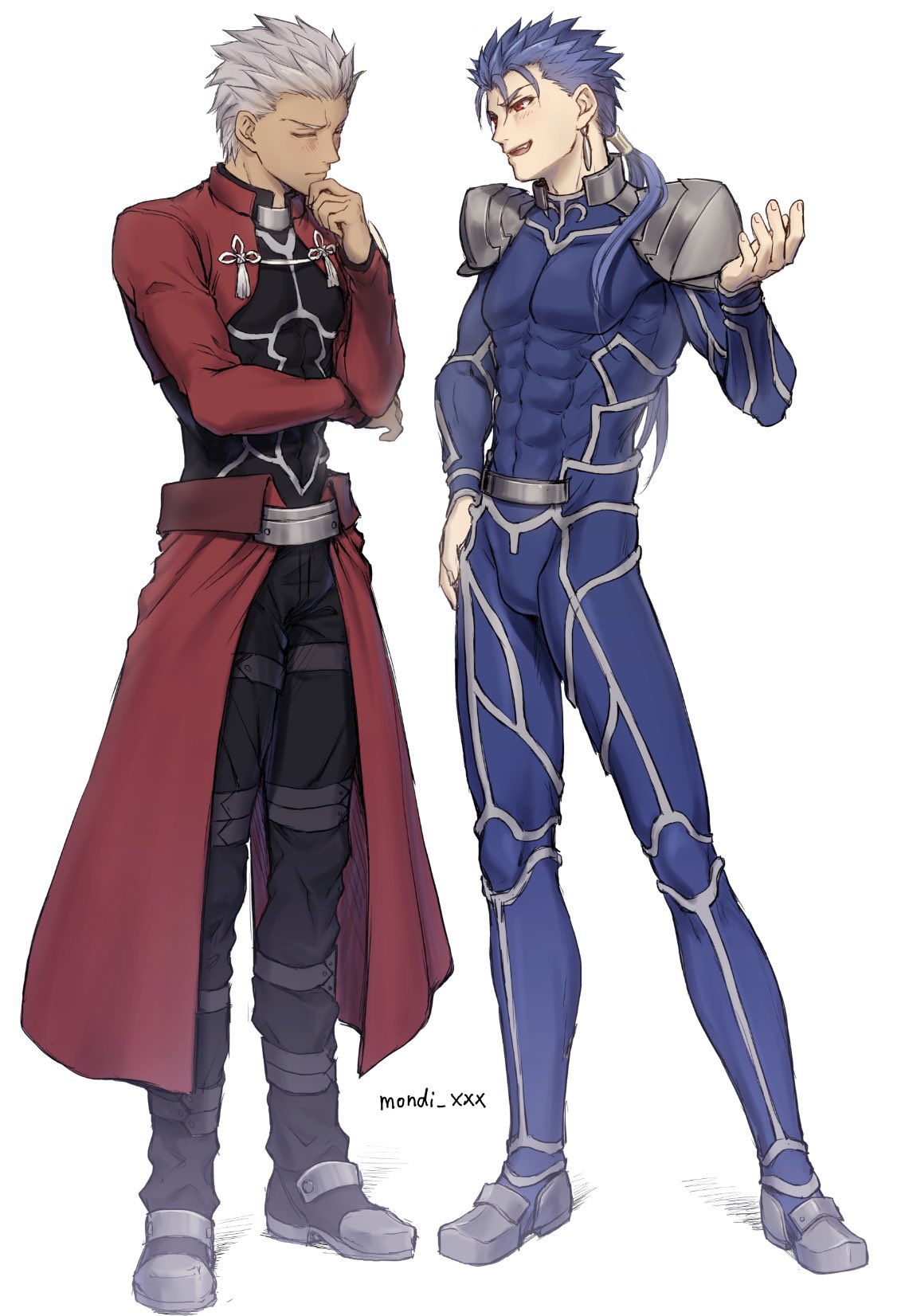 2boys abs archer armor artist_name blue_bodysuit blue_hair bodysuit closed_eyes commentary_request cu_chulainn_(fate)_(all) dark_skin dark_skinned_male earrings facing_another fate/stay_night fate_(series) full_body grey_hair hand_on_hip hand_on_own_chin hand_up highres jewelry lancer long_sleeves male_focus mondi_hl multiple_boys open_mouth pauldrons ponytail red_eyes red_skirt short_hair shoulder_armor shrug_(clothing) simple_background skin_tight skirt standing thinking white_background