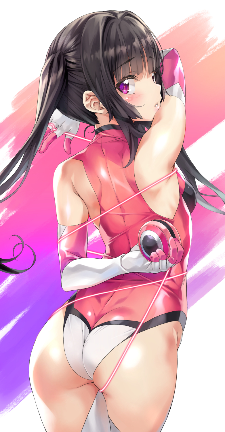 1girl ass bangs black_hair blunt_bangs blush breasts elbow_gloves from_behind gloves highres leotard long_hair looking_at_viewer looking_back nagayori parted_lips pink_eyes pink_leotard senki_zesshou_symphogear shiny shiny_clothes shiny_hair shiny_skin skin_tight small_breasts solo standing thigh-highs tsukuyomi_shirabe twintails white_legwear yo-yo