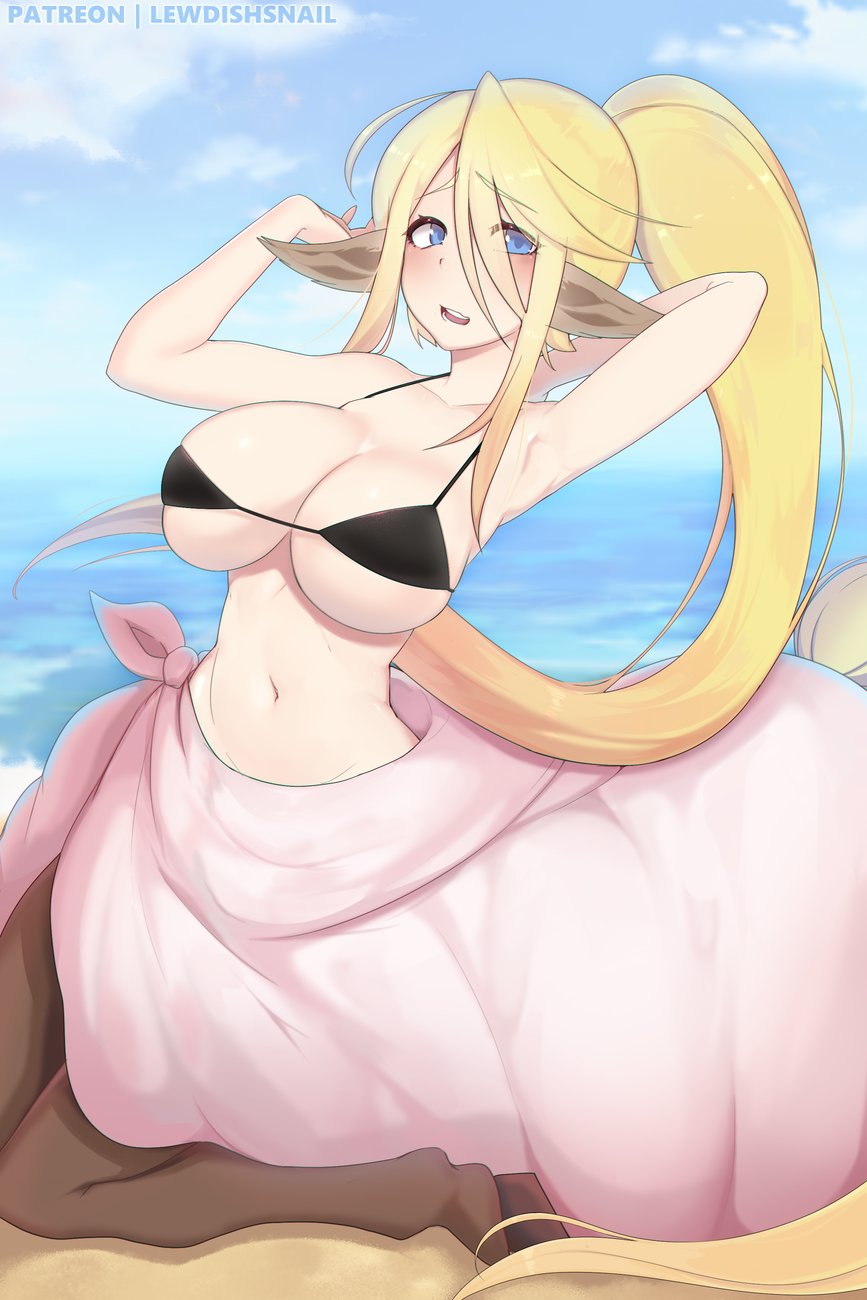 animal_ears armpits arms_up beach beach_towel bikini bikini_top blonde_hair blue_eyes breasts centaur centorea_shianus embarrassed highres hooves horse_girl horse_tail huge_breasts large_breasts lewdishsnail looking_at_viewer lying monster_girl monster_musume_no_iru_nichijou open_mouth pointy_ears solo swimsuit tail towel