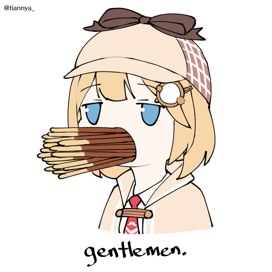 1girl blonde_hair blue_eyes brown_capelet capelet deerstalker detective eyebrows_visible_through_hair food food_in_mouth full_mouth hair_ornament hat hololive hololive_english meme monocle_hair_ornament necktie pocky red_neckwear short_hair simple_background solo tian_nya too_many_in_mouth twitter_username virtual_youtuber watson_amelia white_background