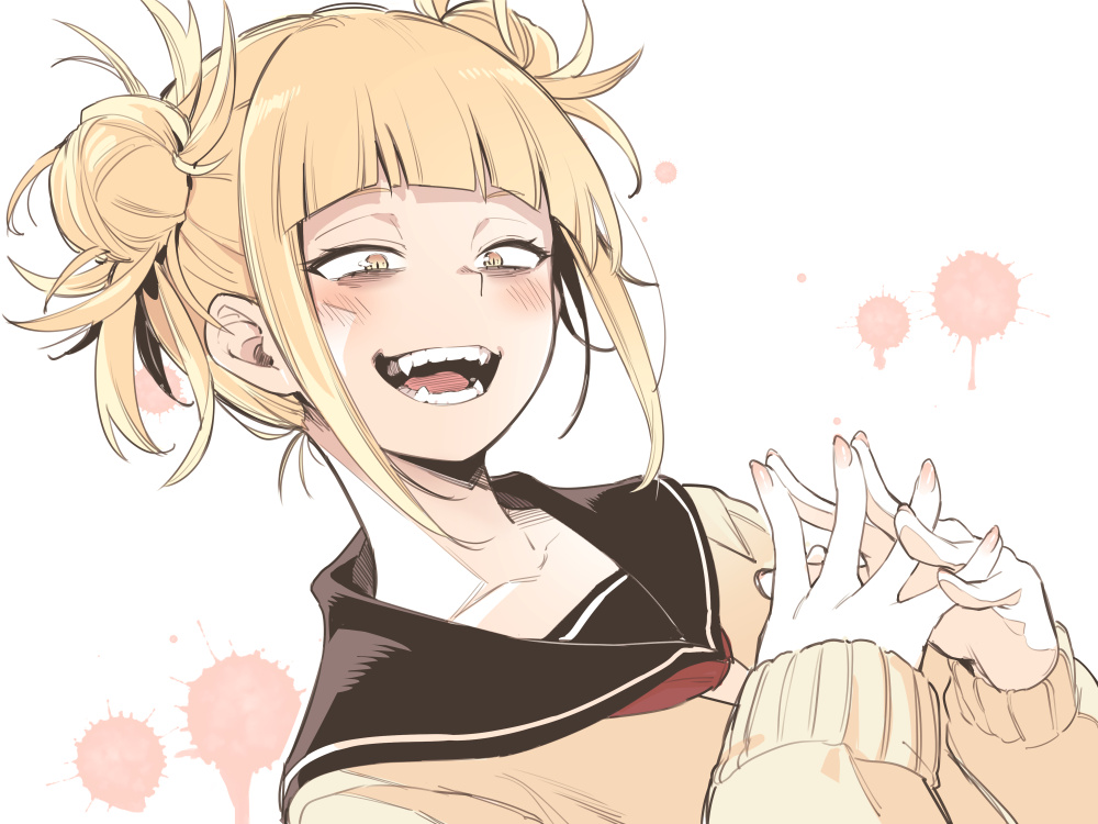 1girl asutora bangs black_sailor_collar blonde_hair blunt_bangs blush boku_no_hero_academia cardigan collarbone double_bun open_mouth sailor_collar school_uniform short_hair smile solo teeth toga_himiko upper_body yellow_cardigan yellow_eyes