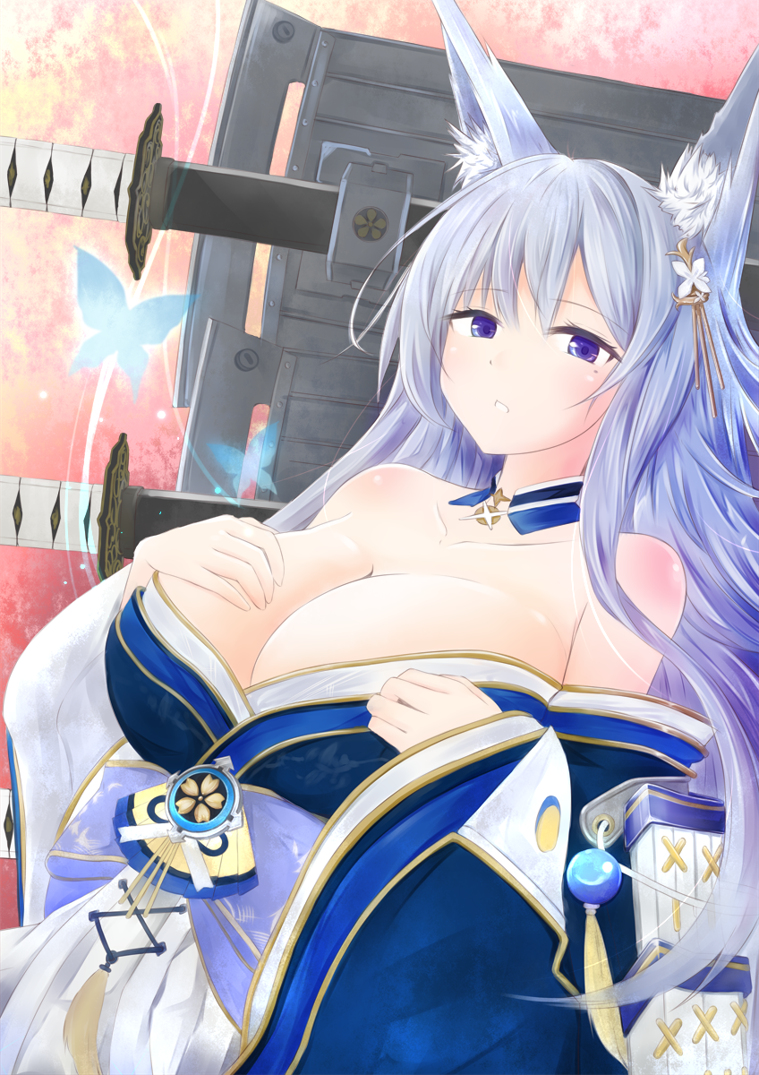 1girl animal_ear_fluff animal_ears azur_lane bare_shoulders blue_kimono breasts detached_collar eyebrows_visible_through_hair hand_on_own_chest highres huge_breasts japanese_clothes kimono long_hair looking_at_viewer multiple_swords off-shoulder_kimono off_shoulder purple_hair sash sheath sheathed shinano_(azur_lane) solo sword violet_eyes weapon wide_sleeves yamamoto_rintaro