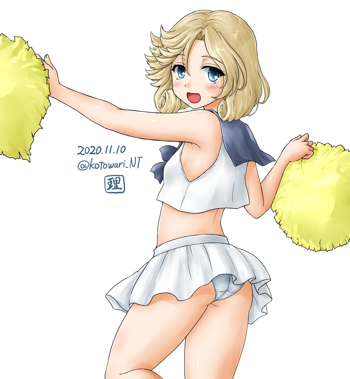 1girl alternate_costume artist_logo ass bangs blonde_hair blue_eyes blue_sailor_collar cheerleader commentary_request cowboy_shot crop_top dated from_behind highres holding holding_pom_poms janus_(kantai_collection) kantai_collection kotowari_(newtype_kenkyuujo) midriff panties parted_bangs pleated_skirt pom_poms sailor_collar simple_background skirt solo twitter_username underwear white_background white_panties white_skirt
