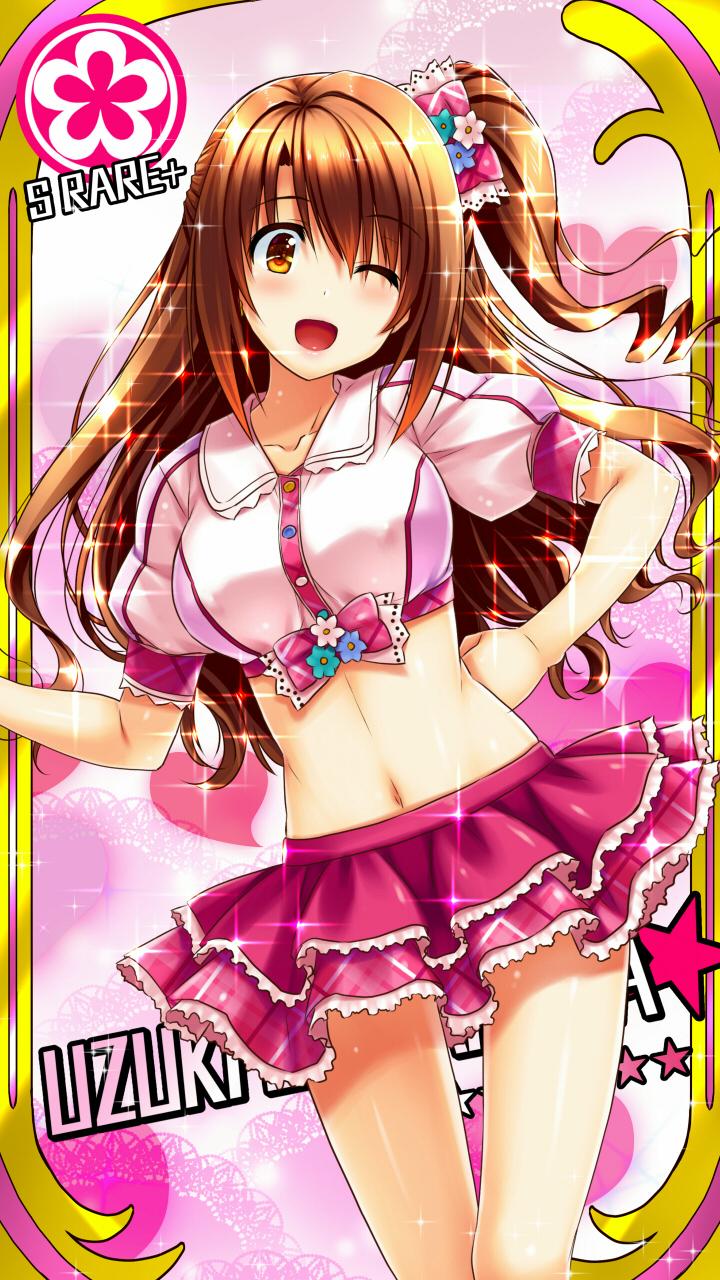 1girl ;d bare_arms bow brown_eyes brown_hair card_(medium) card_parody character_name cinderella_girls_card_parody cowboy_shot crop_top frilled_skirt frills hair_bow hand_on_hip highres idolmaster idolmaster_cinderella_girls layered_skirt long_hair looking_at_viewer midriff navel one_eye_closed open_mouth pink_background pink_bow pink_check_school pink_skirt plaid plaid_skirt sakaki_maki shimamura_uzuki side_ponytail skirt smile solo standing star_(symbol)