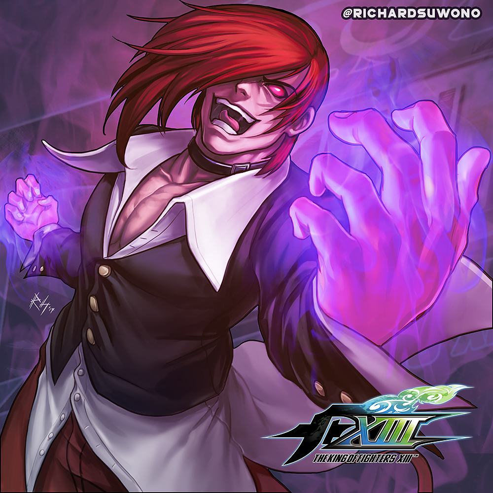 1boy choker copyright_name dress_shirt fire hair_over_one_eye open_mouth purple_fire red_eyes redhead richard_suwono shirt solo the_king_of_fighters yagami_iori