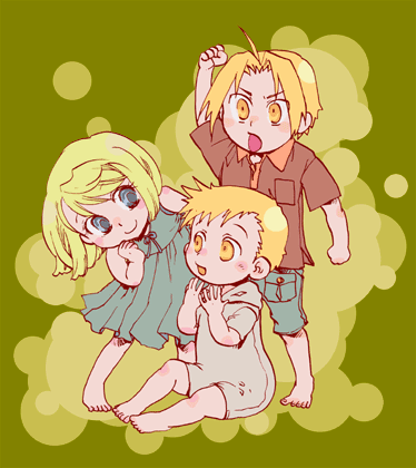 1girl 2boys alphonse_elric annoyed arm_at_side arm_up baby barefoot blonde_hair blue_eyes blush blush_stickers breast_pocket clenched_hands closed_mouth collared_shirt commentary_request dot_nose dress edward_elric eyebrows_visible_through_hair eyelashes frown full_body fullmetal_alchemist green_background green_dress hand_on_own_face hands_up happy hoshino_hitsuki knee_blush leaning leaning_forward looking_at_another lowres multiple_boys nose_blush on_floor open_mouth pocket polka_dot polka_dot_background shiny shiny_hair shirt short_hair short_sleeves shorts simple_background sitting sleeveless sleeveless_dress smile tareme two-tone_background winry_rockbell yellow_background yellow_eyes younger