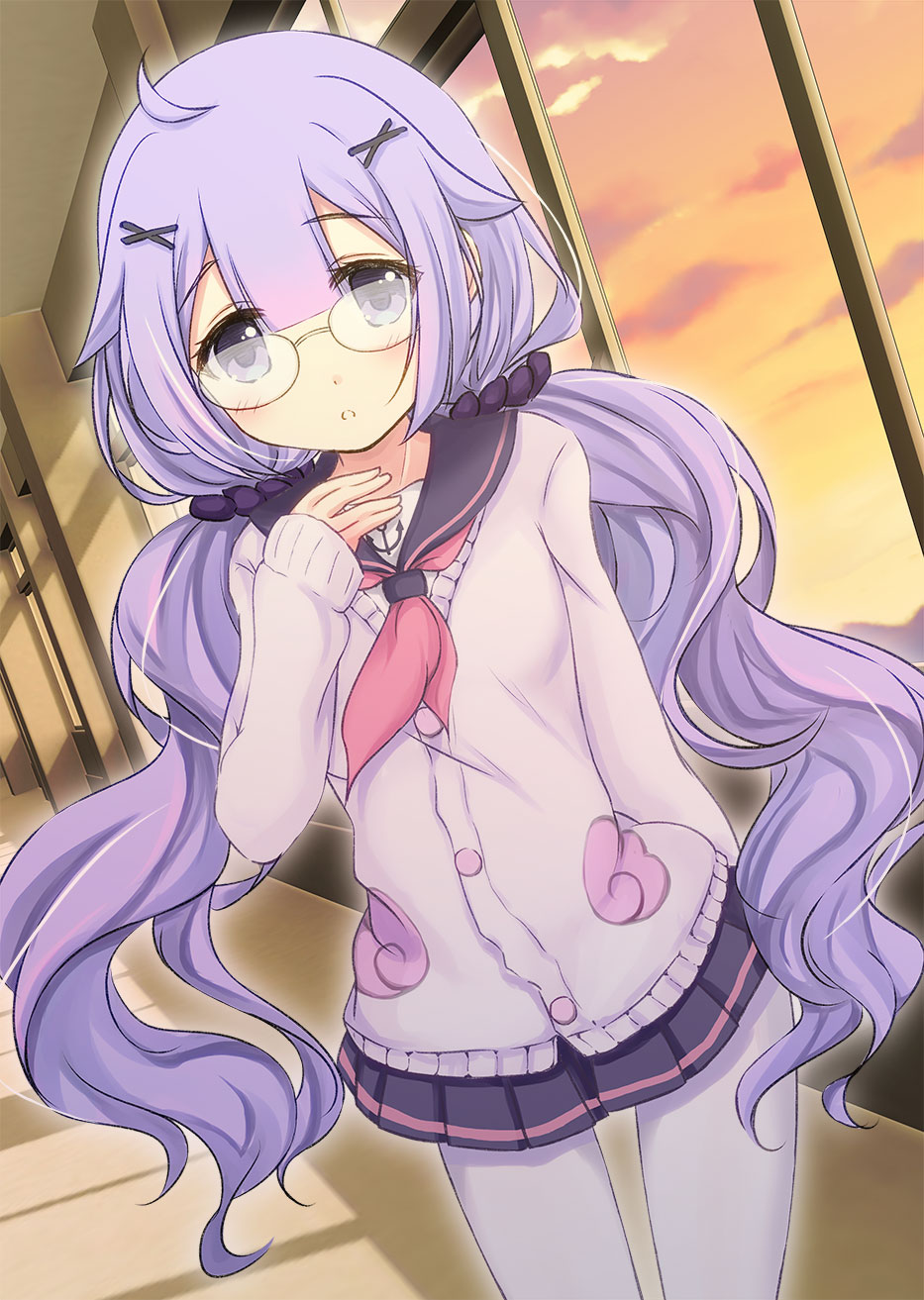 1girl :o ahoge anchor_symbol azur_lane bangs bespectacled black_sailor_collar black_scrunchie black_skirt blush cardigan commentary_request eyebrows_visible_through_hair glasses hair_between_eyes hair_ornament hair_scrunchie hairclip hand_up highres indoors long_hair long_sleeves looking_at_viewer low_twintails neckerchief pantyhose parted_lips pink_neckwear pleated_skirt purple_hair sailor_collar school_uniform scrunchie serafuku shirt skirt sleeves_past_wrists solo standing sukireto sunset twintails unicorn_(amusement_park_date)_(azur_lane) unicorn_(azur_lane) very_long_hair violet_eyes white_cardigan white_legwear white_shirt window x_hair_ornament