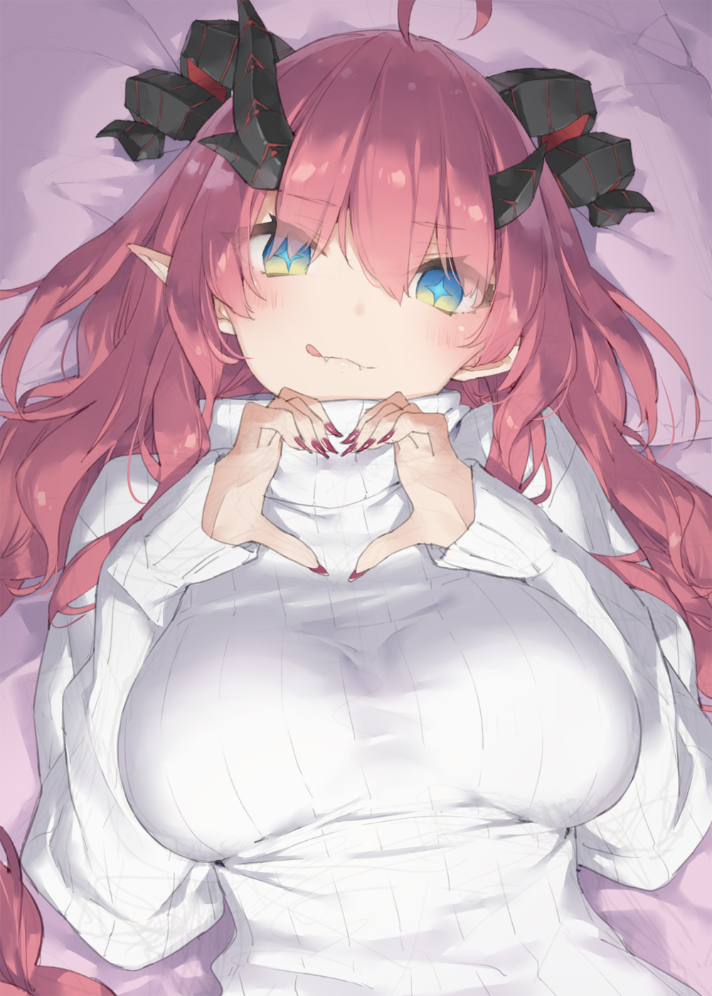 +_+ 1girl :q ahoge bangs bed_sheet blue_eyes breasts closed_mouth commentary_request curled_horns demon_horns eyebrows_visible_through_hair eyes_visible_through_hair fangs fangs_out fingernails hair_between_eyes hair_over_one_eye hands_up heart heart_hands highres horns kani_biimu large_breasts long_fingernails long_hair long_sleeves looking_at_viewer lying magrona magrona_channel nail_polish on_back pillow pointy_ears red_nails redhead ribbed_sweater sharp_fingernails sleeves_past_wrists smile solo sweater tongue tongue_out turtleneck turtleneck_sweater upper_body very_long_hair virtual_youtuber white_sweater