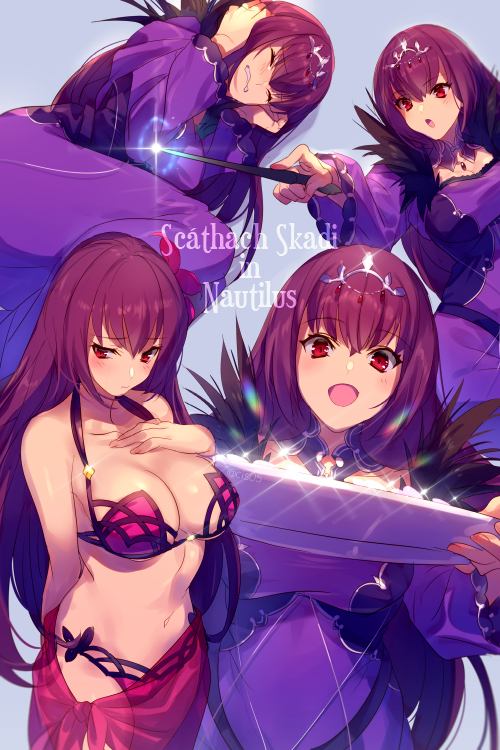 1girl :d bikini bracelet breasts cis05 closed_eyes cosplay dress fate/grand_order fate_(series) feather_trim flower fur-trimmed_dress fur_trim hair_between_eyes hair_flower hair_intakes hair_ornament headpiece hibiscus holding holding_wand jewelry large_breasts looking_at_viewer lying multiple_views on_side open_mouth pink_bikini purple_bikini purple_dress purple_hair purple_sarong red_eyes sarong scathach_(fate)_(all) scathach_(swimsuit_assassin)_(fate) scathach_(swimsuit_assassin)_(fate)_(cosplay) scathach_skadi_(fate/grand_order) smile swimsuit tiara tray wand wince