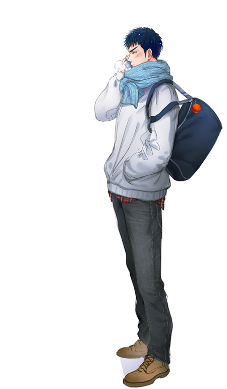 1boy bag black_pants blue_hair blue_scarf breath brown_footwear cellphone closed_mouth commentary_request from_side grey_background grey_jacket hand_in_pocket holding holding_phone jacket male_focus mitsui_hisashi moonjjj pants phone scarf shoes short_hair shoulder_bag simple_background slam_dunk solo