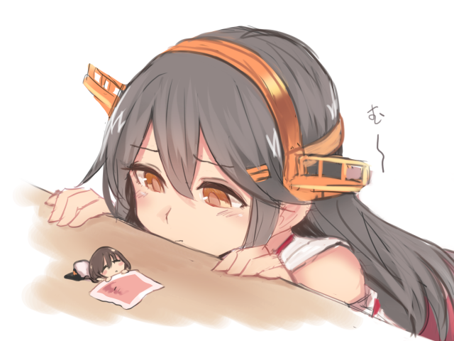 2girls bare_shoulders black_hair blush chibi closed_eyes detached_sleeves female_admiral_(kantai_collection) giantess hair_between_eyes hairband haruna_(kantai_collection) headgear japanese_clothes kantai_collection long_hair multiple_girls nontraditional_miko simple_background sleeping utopia white_background yellow_eyes