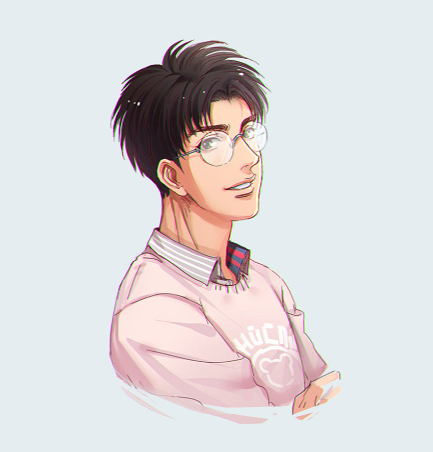 1boy black_eyes black_hair casual clothes_writing collared_shirt commentary_request cropped_torso glasses grey_background kogure_kiminobu long_neck looking_at_viewer male_focus moonjjj parted_lips pink_shirt print_shirt round_eyewear shirt short_hair simple_background sketch slam_dunk smile solo upper_body