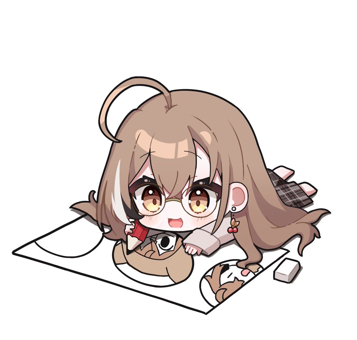 1girl :d ahoge berry brown_eyes brown_hair brown_hoodie brown_skirt chibi crossed_bangs double-parted_bangs drawing_(object) earrings eraser food-themed_earrings holding holding_pencil hololive hololive_english hood hoodie jewelry kiwipodo78 long_hair long_skirt lying multicolored_hair nanashi_mumei nanashi_mumei_(casual) official_alternate_costume on_stomach paper pencil plaid plaid_skirt skirt sleeves_past_wrists smile streaked_hair very_long_hair virtual_youtuber wide_sleeves