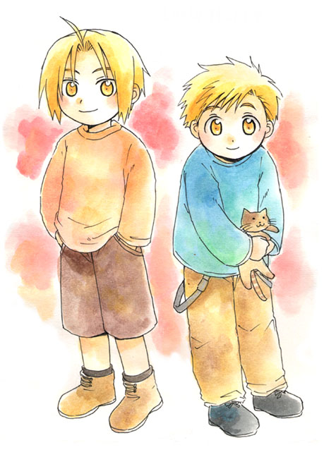 2boys alphonse_elric animal ankle_boots black_footwear black_legwear blonde_hair blue_shirt boots brothers brown_cat brown_footwear brown_pants brown_shorts cat child closed_mouth color_ink_(medium) dot_nose edward_elric full_body fullmetal_alchemist gradient gradient_background hands_in_pockets happy holding holding_animal holding_cat leaning leaning_forward light_blush long_sleeves looking_afar looking_at_viewer male_focus multiple_boys orange_background orange_shirt outline pants red_background shirt shorts siblings side-by-side simple_background smile socks standing suspenders tareme traditional_media uho_(uhoponta) white_background white_outline yellow_eyes younger