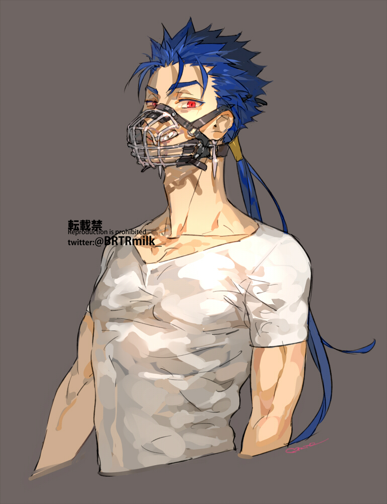 1boy artist_name bangs blue_hair brown_background collarbone commentary_request cropped_torso cu_chulainn_(fate)_(all) fate/stay_night fate_(series) grin lancer long_hair looking_at_viewer male_focus muzzle red_eyes repost_notice shirasuboshiboshi shirt short_sleeves simple_background smile solo spiky_hair white_shirt