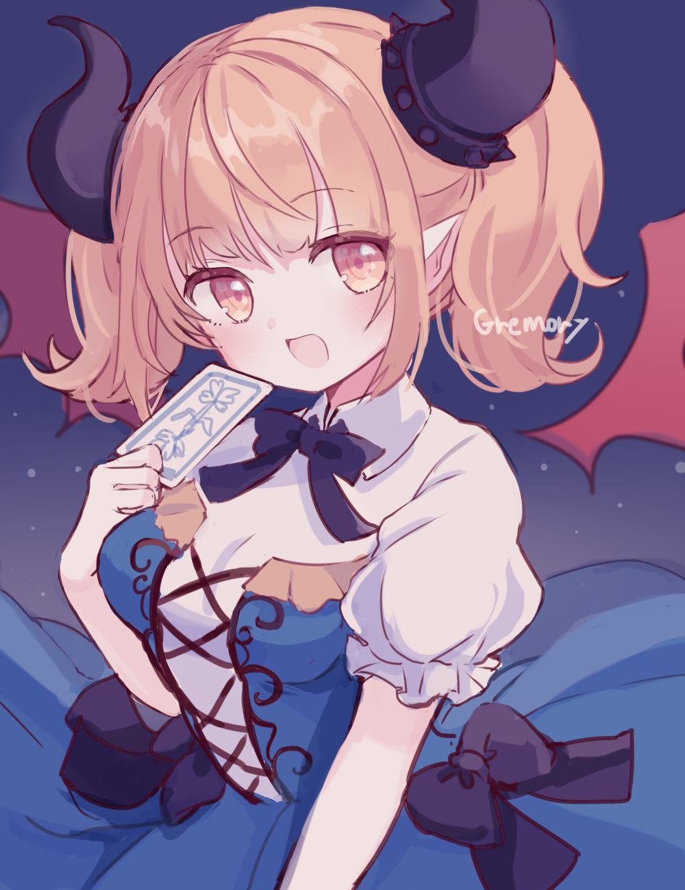1girl :d bangs black_bow blue_dress bow breasts brown_eyes brown_hair card character_name collared_shirt curled_horns demon_girl demon_horns demon_wings detached_wings dress eyebrows_visible_through_hair frilled_dress frills gremory_(shadowverse) hand_up highres holding holding_card horns karunabaru looking_at_viewer medium_breasts open_mouth puffy_short_sleeves puffy_sleeves red_wings shadowverse shirt short_sleeves smile solo strapless strapless_dress twintails white_shirt wings