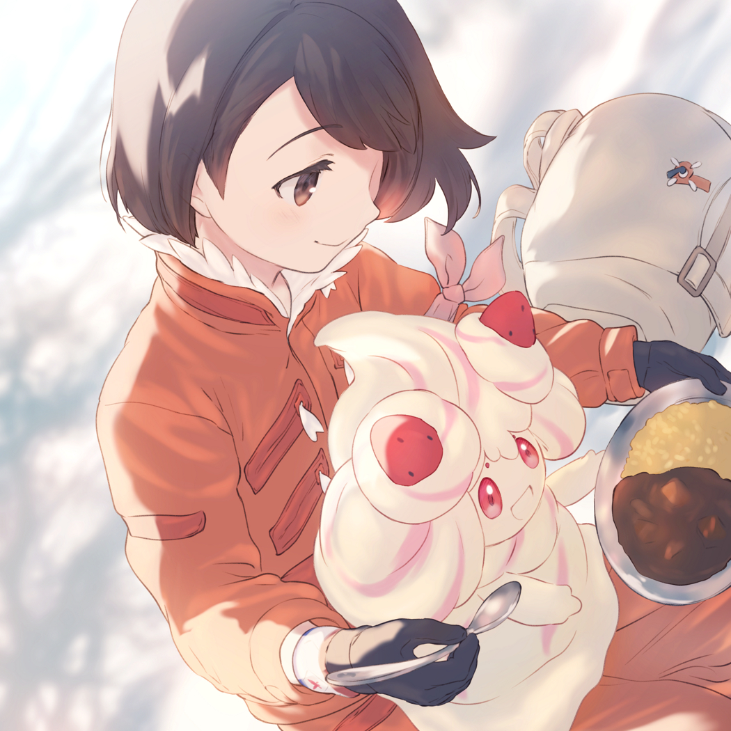 1girl alcremie arm_ribbon bag black_gloves brown_eyes brown_hair closed_mouth commentary_request curry dynamax_band expedition_uniform eyebrows_visible_through_hair eyelashes food fur-trimmed_jacket fur_trim gen_8_pokemon gloria_(pokemon) gloves holding holding_plate holding_spoon jacket on_lap orange_jacket pink_ribbon plate pokemon pokemon_(creature) pokemon_(game) pokemon_on_lap pokemon_swsh ribbon rice short_hair smile spoon tukune white_bag