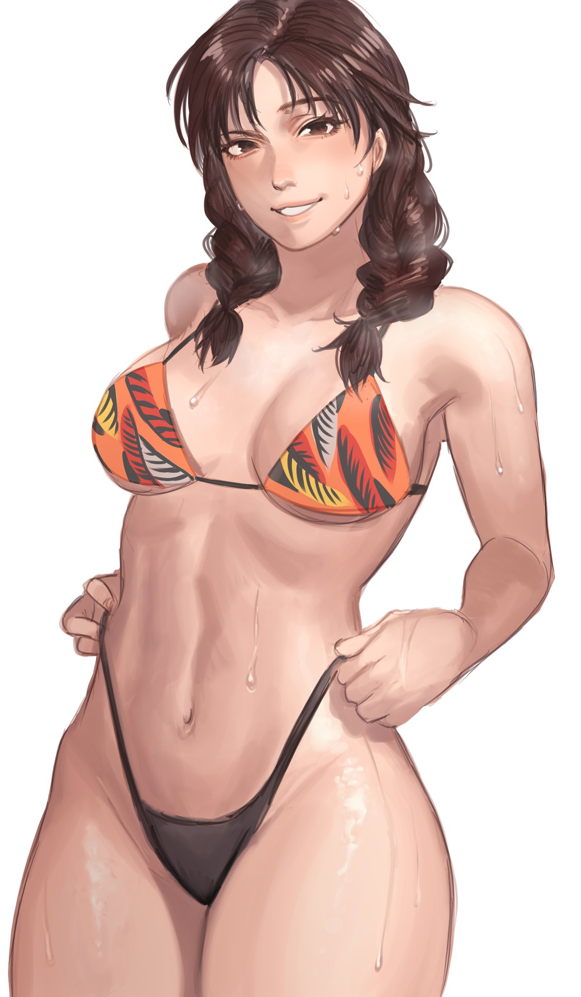 1girl abs adjusting_clothes adjusting_swimsuit bikini braid breasts brown_eyes brown_hair commentary hair_over_shoulder hanny_(uirusu_chan) highleg highleg_bikini highres julia_chang legs_together lips looking_at_viewer medium_breasts medium_hair mismatched_bikini namco navel print_bikini pulled_by_self smirk solo standing swimsuit symbol_commentary tekken thick_thighs thighs toned twin_braids under_boob wet