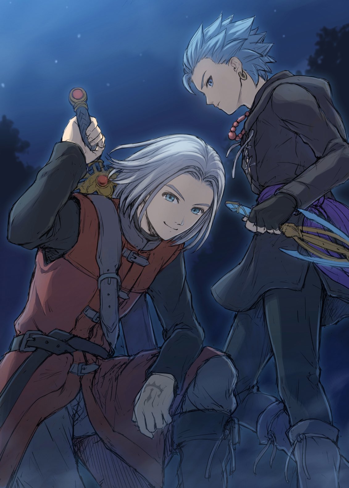 2boys arm_up bangs belt black_belt black_hoodie black_pants black_shirt blue_eyes blue_hair camus_(dq11) commentary_request dragon_quest dragon_quest_xi earrings feet_out_of_frame grey_belt grey_hair hand_tattoo hero_(dq11) highres holding holding_sword holding_weapon hood hood_down hoodie jewelry looking_at_viewer mondi_hl multiple_boys necklace night outdoors over_shoulder pants profile shirt short_hair smile sword tree vest weapon weapon_on_back weapon_over_shoulder