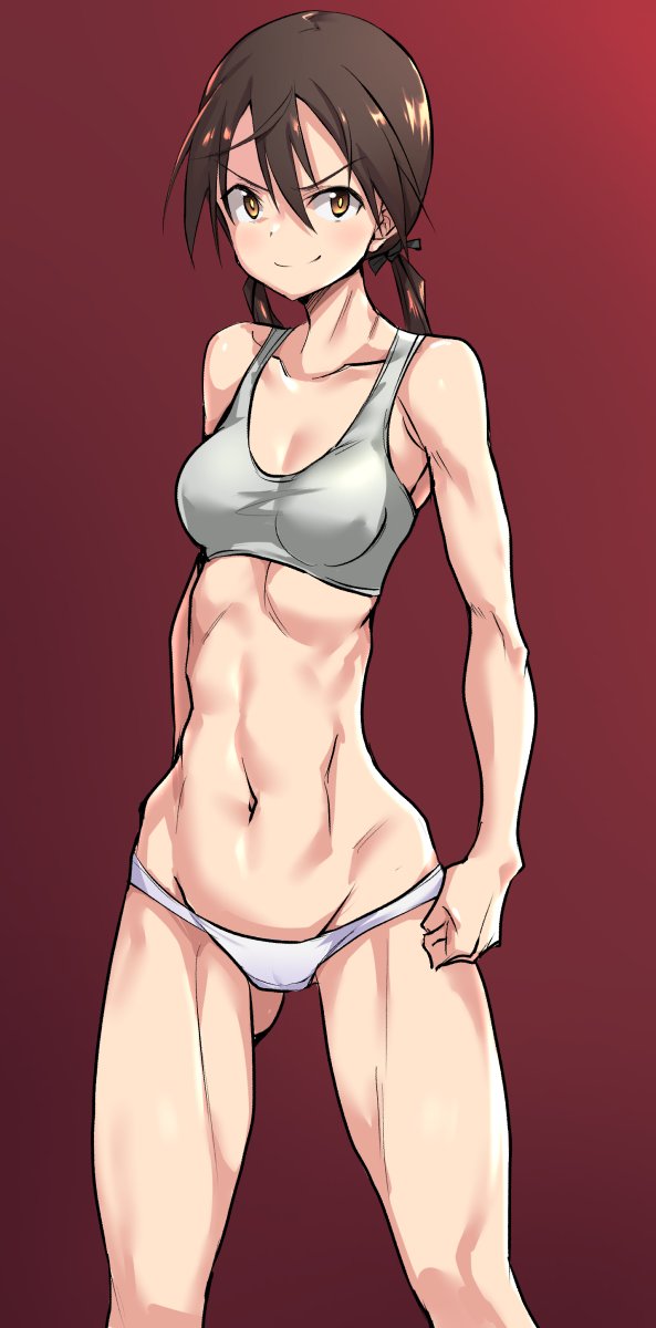 1girl bra breasts brown_background brown_eyes brown_hair buta-don commentary_request cowboy_shot gertrud_barkhorn grey_bra highres long_hair looking_at_viewer midriff navel panties simple_background small_breasts smile solo sports_bra standing strike_witches toned twintails underwear white_panties world_witches_series