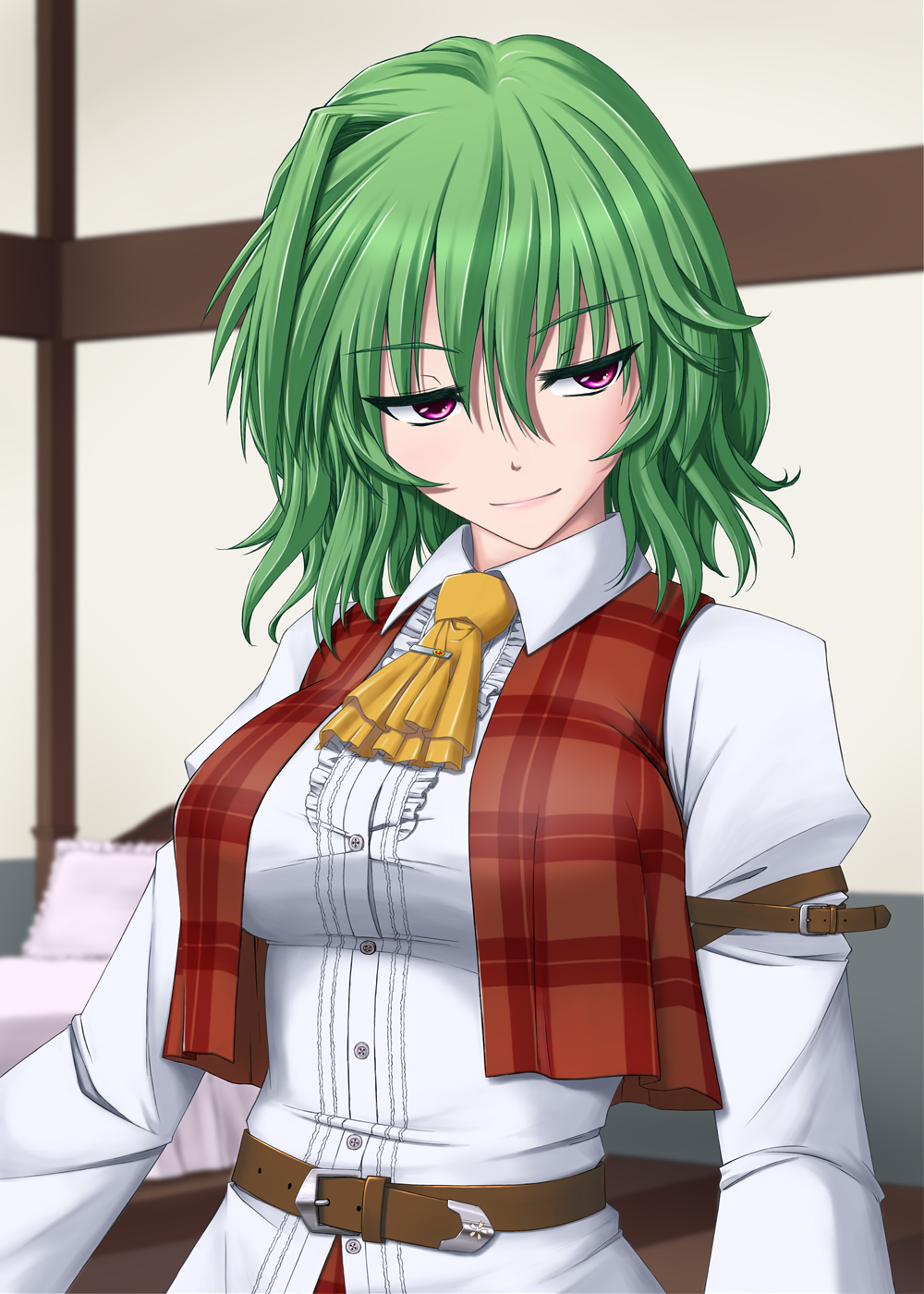 1girl arm_belt arms_at_sides ascot bangs belt buttons center_frills collared_shirt commentary_request eyebrows_visible_through_hair frills green_hair hair_between_eyes half-closed_eyes highres indoors kazami_yuuka long_sleeves looking_to_the_side medium_hair open_clothes open_vest plaid plaid_vest red_vest shirt smile solo taut_clothes touhou upper_body vest violet_eyes vision_(artist) wavy_hair white_shirt wing_collar yellow_neckwear