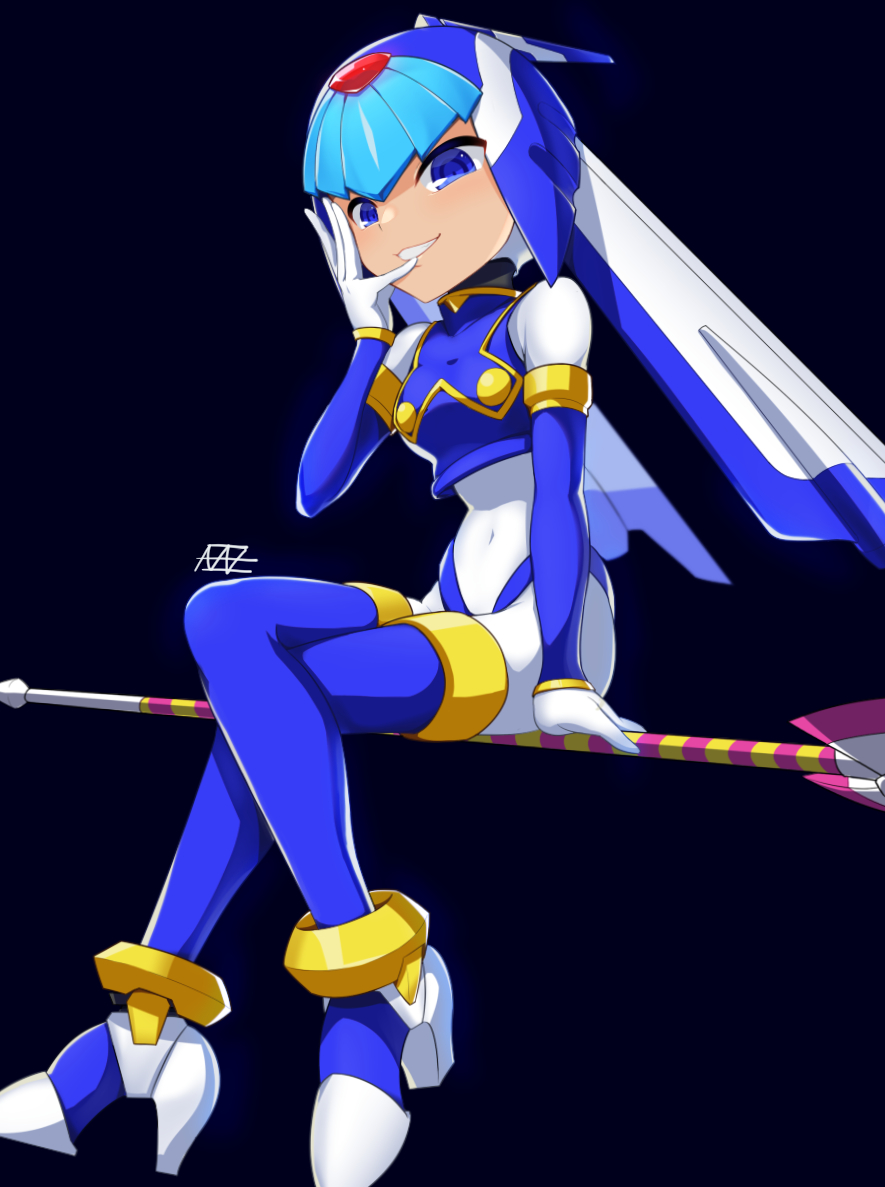 1girl android azaz_(4423442344234423) black_background blue_eyes blush bodysuit breasts commentary_request covered_navel crossed_legs helmet high_heels leviathan_(rockman) medium_breasts monochrome_background polearm riding rockman rockman_zero simple_background smile solo spear thigh-highs weapon