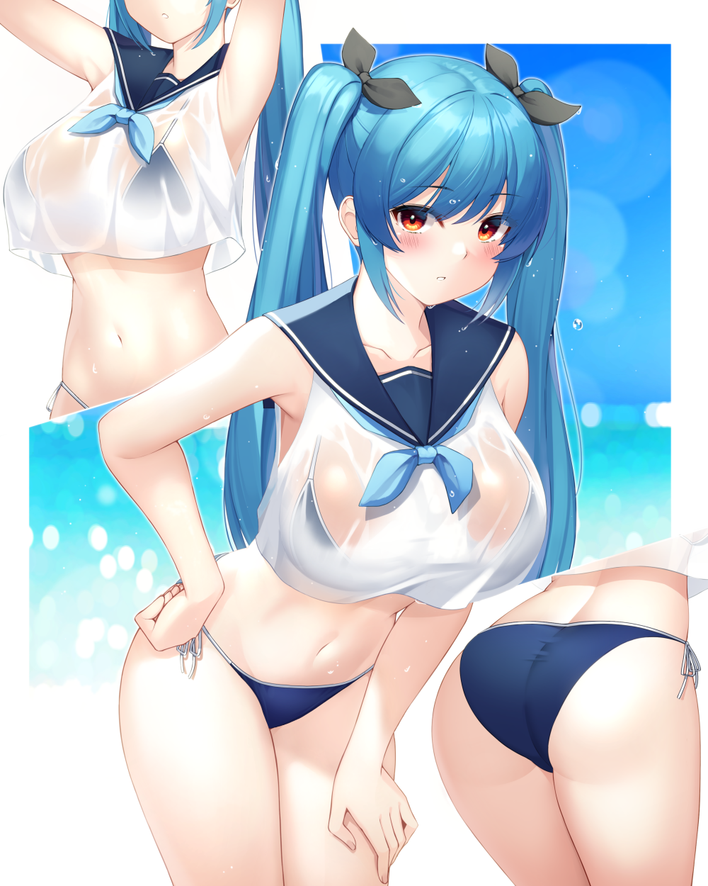 1girl armpits arms_up ass bare_arms bare_shoulders bikini blue_bikini blue_hair breasts cowboy_shot crop_top crop_top_overhang dungeon_and_fighter hair_ribbon hand_on_hip hand_on_own_thigh highres large_breasts leaning_forward long_hair looking_at_viewer maemi_(maemi12) midriff navel neckerchief parted_lips red_eyes ribbon sailor_collar sailor_shirt see-through shirt side-tie_bikini sidelocks sleeveless sleeveless_shirt solo standing stomach string_bikini swimsuit thighs twintails wet wet_clothes wet_shirt white_shirt