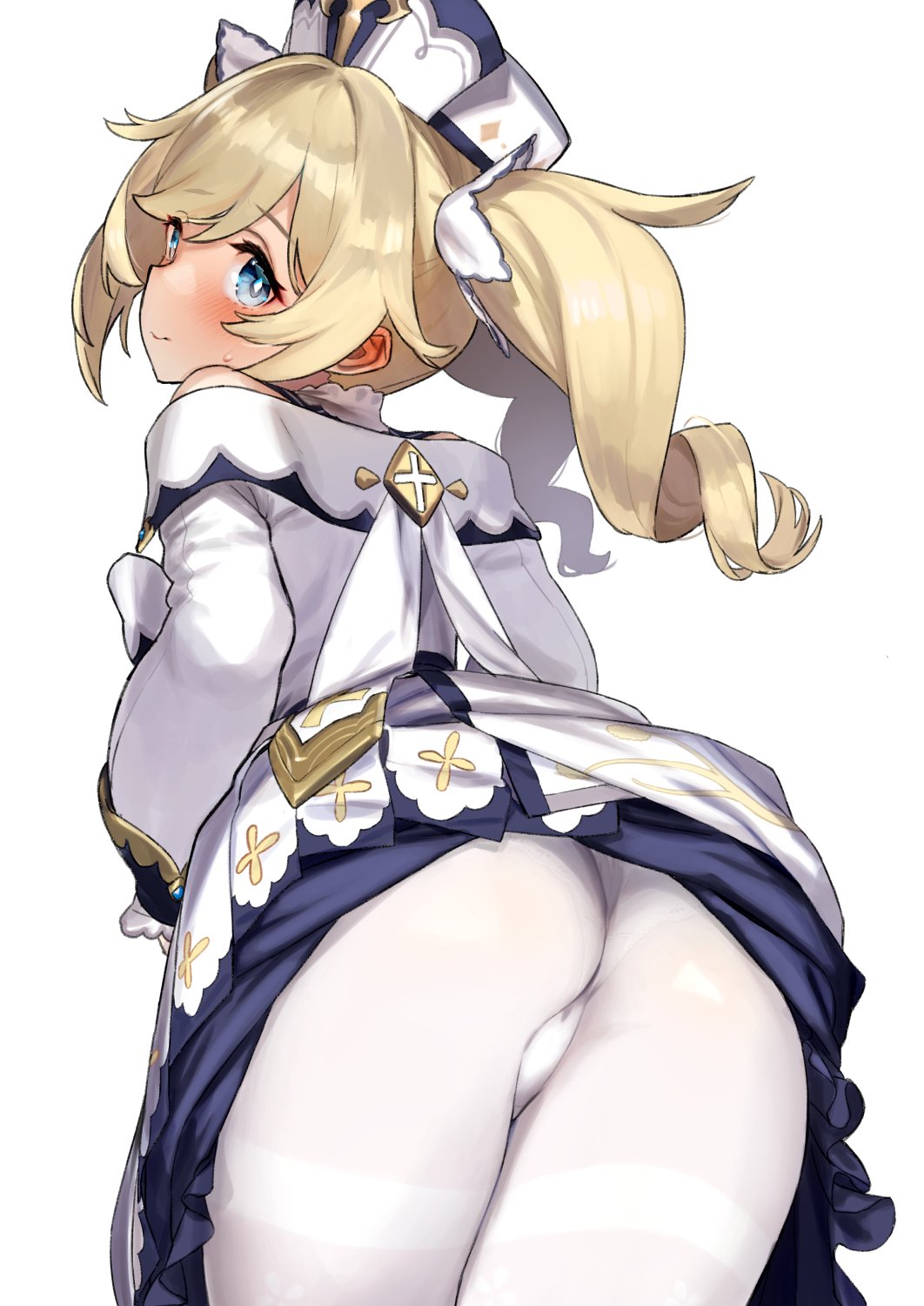 1girl 92m arched_back ass bangs barbara_(genshin_impact) bare_shoulders blonde_hair blue_eyes blush closed_mouth cowboy_shot dress dress_lift eyebrows_visible_through_hair from_behind genshin_impact hat highres long_hair looking_at_viewer looking_back panties panties_under_pantyhose pantyhose shiny shiny_hair simple_background swept_bangs thighband_pantyhose thighs twintails underwear white_background white_dress white_headwear white_legwear white_panties