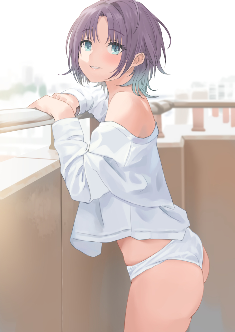 1girl aqua_eyes aqua_hair asakura_tooru ass balcony bangs bare_shoulders blurry blurry_background blush commentary_request cowboy_shot day eyebrows_visible_through_hair from_side gradient_hair hami_dmg hands_up idolmaster idolmaster_shiny_colors leaning_on_rail long_sleeves looking_away looking_to_the_side multicolored_hair no_pants off_shoulder outdoors panties parted_bangs parted_lips purple_hair railing shiny shiny_hair shirt short_hair sidelocks smile solo standing two-tone_hair underwear white_panties white_shirt