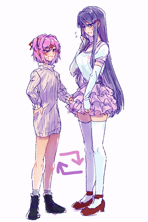 2girls :d arrow_(symbol) black_footwear blush boots casual cosplay costume_switch doki_doki_literature_club elbow_gloves flying_sweatdrops full_body gloves hair_ornament hairclip long_hair long_sleeves multiple_girls natsuki_(doki_doki_literature_club) natsuki_(doki_doki_literature_club)_(cosplay) open_mouth pink_eyes pink_hair pink_skirt purple_hair red_footwear red_ribbon ribbed_sweater ribbon shoes short_hair short_sleeves simple_background sketch skirt smile sora_(efr) standing sweatdrop sweater thigh-highs turtleneck turtleneck_sweater very_long_hair violet_eyes white_background white_gloves white_legwear yuri_(doki_doki_literature_club) yuri_(doki_doki_literature_club)_(cosplay) zettai_ryouiki