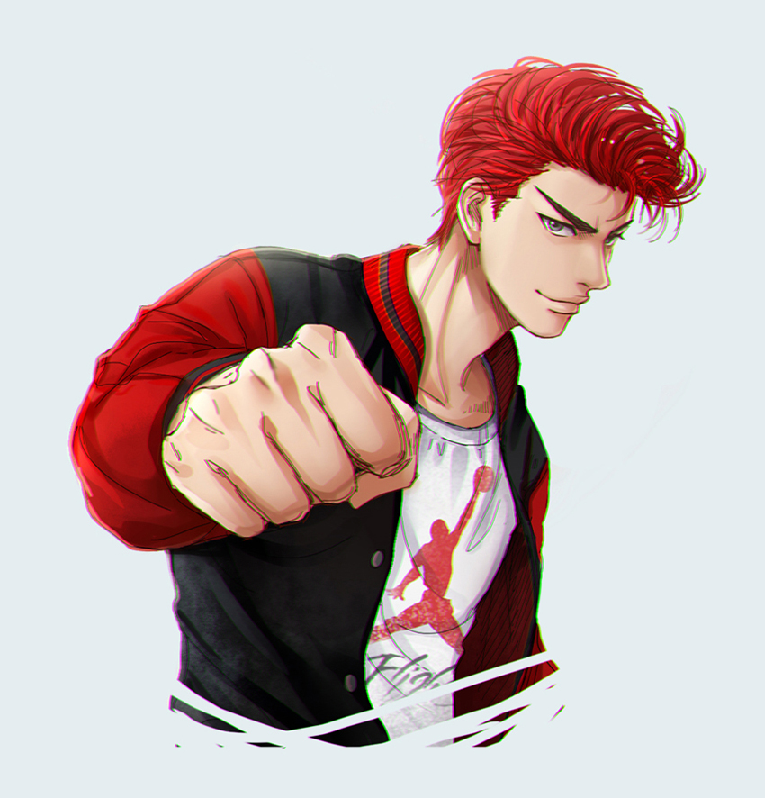 1boy buttons clenched_hand closed_mouth cropped_torso fist_bump grey_background grey_eyes jacket looking_at_viewer male_focus moonjjj multicolored multicolored_clothes multicolored_jacket open_clothes open_jacket pompadour print_shirt redhead sakuragi_hanamichi shirt short_hair simple_background sketch slam_dunk smile solo thick_eyebrows upper_body white_shirt
