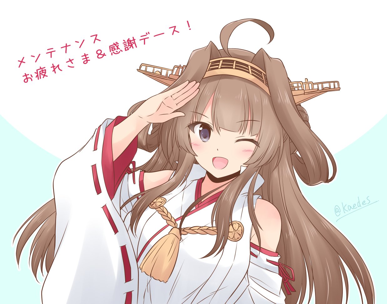 1girl ;d ahoge bare_shoulders blush brown_hair detached_sleeves double_bun eyebrows_visible_through_hair icesherbet kantai_collection kongou_(kantai_collection) long_hair looking_at_viewer nontraditional_miko one_eye_closed open_mouth remodel_(kantai_collection) salute smile solo upper_body violet_eyes