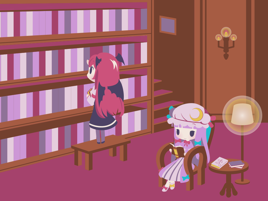 2girls armband bat_wings bench black_eyes black_skirt book bookshelf candlestand chair chibi cobalta commentary_request crescent crescent_moon_pin dress full_body hair_ribbon hat head_wings holding holding_book koakuma lamp light_smile long_hair looking_up mob_cap multiple_girls no_nose open_book patchouli_knowledge purple_capelet purple_dress purple_hair reading redhead ribbon sidelocks skirt stairs standing striped table touhou tress_ribbon vertical-striped_dress vertical_stripes very_long_hair wings