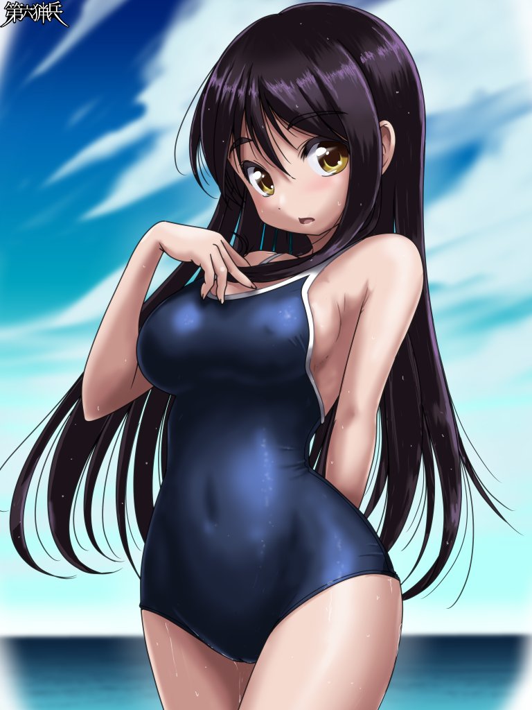 1girl black_hair blue_sky blue_swimsuit breasts clouds commentary_request competition_school_swimsuit copyright_request cowboy_shot day horizon large_breasts long_hair looking_at_viewer ocean outdoors rohitsuka school_swimsuit sky solo swimsuit yellow_eyes