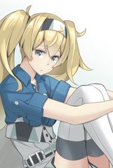 1girl belt blonde_hair blue_eyes blue_shirt boots breast_pocket breasts buttons closed_mouth collared_shirt commentary gambier_bay_(kantai_collection) gradient gradient_background hair_between_eyes hairband kantai_collection large_breasts lowres multicolored multicolored_clothes negahami pocket shirt short_sleeves shorts solo tearing_up tears thigh-highs thigh_boots twintails